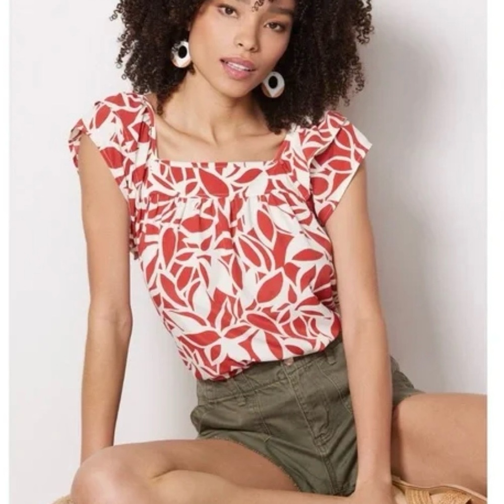 Sanctuary Red White Leaf Print Square Neck Flutter Sleeve Top XS NWT